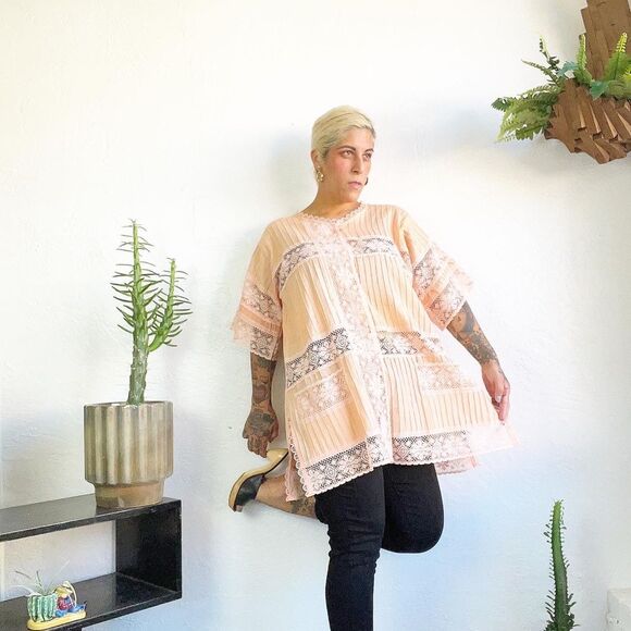 PINTUCKED 70’s 70s Vintage PEACH LACE MEXICAN Tunic Swim Cover Top Blouse Xl XXL - Picture 7 of 10